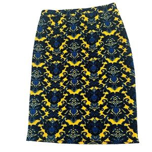 41 Hawthorn Stunning Blue & Yellow Stretch Damask Print Fully Lined Pencil Skirt